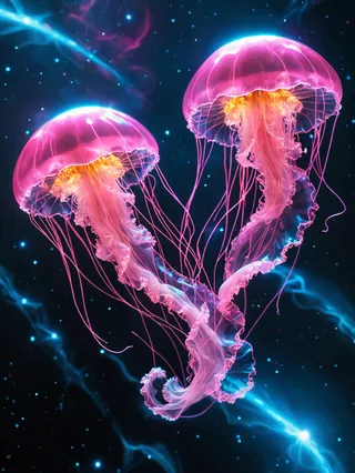 Glowing neon pink jellyfish floating gracefully in a cosmic space environment with blue and pink hues around.