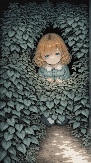 A young girl with curly ginger hair and blue eyes peeks out from dense green leaves, surrounded by dark foliage and a detailed natural background.