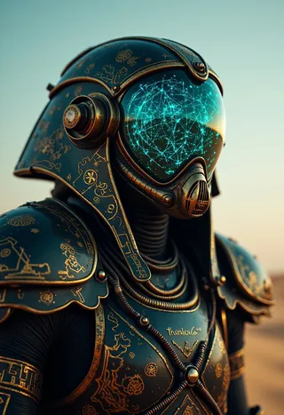 Close-up of a photorealistic futuristic humanoid figure wearing black and gold armor engraved with Egyptian symbols, featuring a glowing neon visor showing complex blue network patterns.