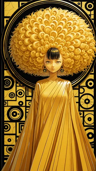 A surreal portrait of a woman with large, plume-like curly yellow hair, wearing an elegant yellow robe, set against a detailed abstract cubist background.