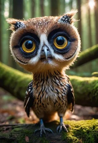 Medium shot of an adorable creature with big reflective golden eyes, standing on mossy ground in a forest with moody lighting and intricate details