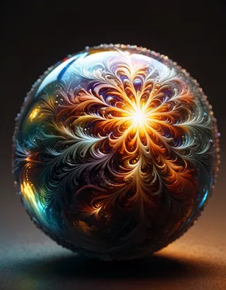 A sparkling, magical orb made of transparent multicolored glass with intricate swirling patterns and glowing warm light radiating from its center, set against a dark background.