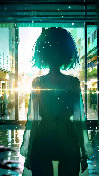Silhouette of a girl with short hair using a see-through dress standing in front of a town backdrop, illuminated by volumetric green-hued light particles.
