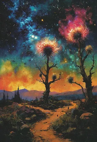 Dark fantasy landscape featuring star-thistle trees with glowing spiral spires and constellation-like leaves beneath a vibrant cosmic sky with fireflies and glowing roots.