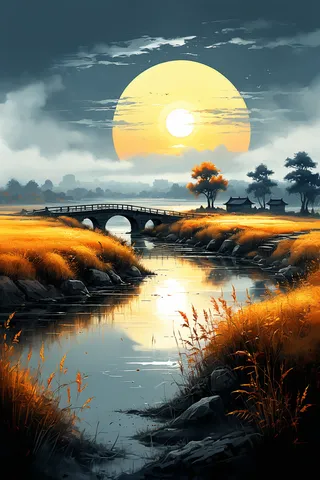 Digital artwork of autumn fields at sunset featuring an ancient stone bridge over a rippling river, vibrant wildflowers, a solitary bird flying, and Chinese ink-wash style elements.