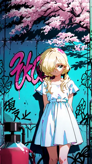A blonde girl with long low twintails wearing a white dress stands in front of a turquoise graffiti-covered wall under blooming pink cherry blossoms, with volumetric lighting enhancing the scene.