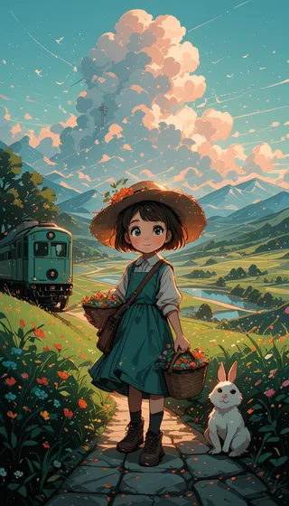 A young girl wearing a green dress and a wide-brimmed hat carries baskets of flowers on a stone path in a vibrant countryside while a white rabbit sits beside her and a blue-green train passes by under a sky with large fluffy clouds.