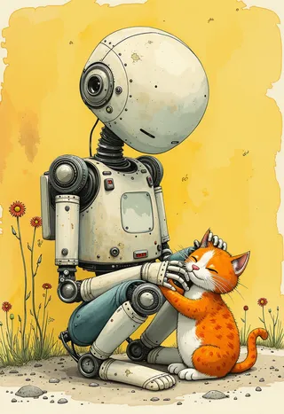 A robot in the style of Mattias Adolfsson sitting on the ground gently stroking an orange and white kitten, with flowers and a yellow background.