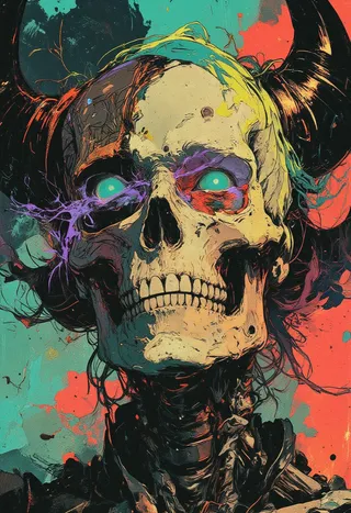 A surreal digital painting of a horned skeletal portrait with glowing cyan eyes, dark and vibrant colors, and detailed skull textures.