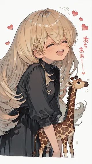 Anime-style illustration of a happy blonde girl with big hair smiling and holding a giraffe toy surrounded by hearts and sound effects