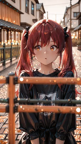 Red-haired girl with twintails and a curious expression standing in a modern town street with orange trees and fences, featuring bokeh and depth of field effects.