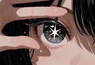 Close-up digital artwork of a girl's eye with black hair, star-shaped pupils, thick eyelashes, and glitter makeup, framed by her fingers.