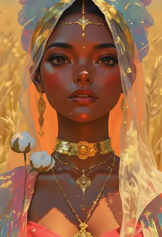 Close-up portrait of a Rajasthani woman with glowing brown skin under golden light, wearing a transparent golden veil and intricate traditional jewelry, with a cotton flower near her neck and a blurred wheat field in the background.