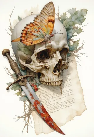 Ultra-realistic watercolor painting of a skull with a colorful butterfly perched on top, next to a blood-stained dagger and a handwritten letter with green leaves in the background.