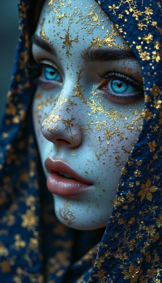 Close-up of a hyperrealistic female face with porcelain-like skin adorned with intricate golden patterns, bright blue eyes, and wrapped in dark blue fabric with gold floral details.