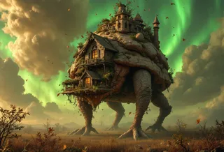 A fantastical rocky Baba Yaga house mounted on massive chicken legs standing in a prairie, surrounded by a green aurora and brown nimbus clouds, with a small village on its back covered in obsidian and boulders.