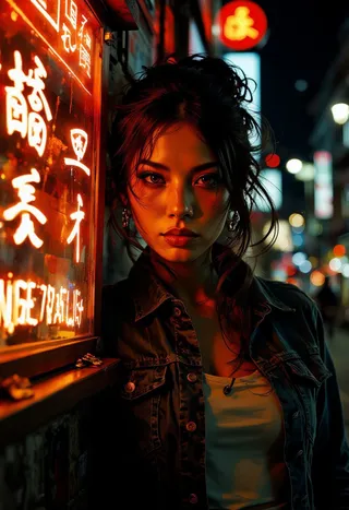 Close-up portrait of a Japanese woman with long hair and bangs wearing a denim jacket and white blouse, illuminated by vibrant neon signs on a traditional Japanese street at night, with bokeh lights in the background.