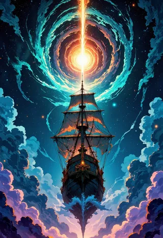 A majestic tall ship with full sails drifting through a stormy sea of clouds, heading into a massive glowing space vortex emitting celestial energy in a surreal cosmic storm scene.