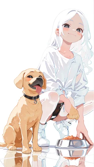 Anime style girl in white side-tie shirt and leather panties squatting beside a happy Labrador retriever with a pet bowl on a reflective floor