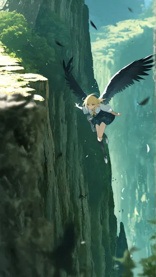 A blonde girl in a school uniform with large black feathered wings flying dynamically near tall cliffs, depicted with depth of field and a blurry foreground using a Swedish summer color palette.