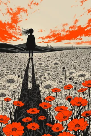 Une silhouette solitaire d'une fille se tenant au milieu d'un vaste champ de fleurs sous un ciel de coucher de soleil orange dramatique avec une silhouette de ville lointaine en arrière-plan.