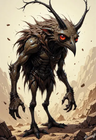 Créature moineau humanoïde grotesque avec des plumes brunes emmêlées, des griffes acérées, et des cornes noires tordues se tenant sur un sol rocheux stérile avec des yeux rouges brillants.