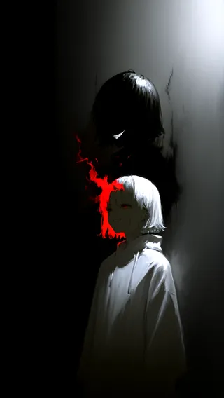 A high contrast minimalistic anime-style image showing a girl with white hair and an evil grin illuminated by backlighting, with a dark shadowy silhouette behind and red smoke-like effects.