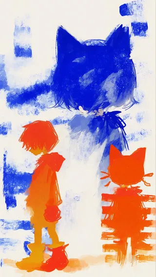 Abstract digital artwork featuring orange silhouettes of a boy and a cat-eared figure against a large blue cat-eared silhouette in a surreal blue-themed background.