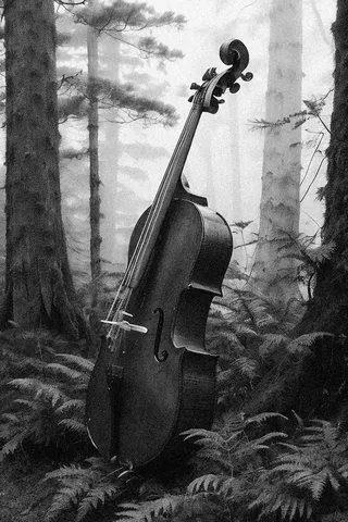 Black and white photograph of a cello standing upright amidst misty foggy pine forest surrounded by ferns and old rocks.