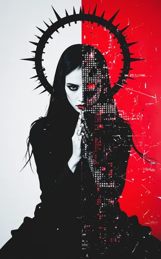 Black-and-white portrait of a praying nun, divided by a red and white yin-yang background, with her face glitching between serene and skeletal, featuring a pixelated black halo above her.