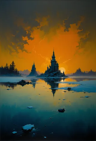 A gothic-style castle sits on an island in a calm lake with icy patches, reflecting an intense orange sunset sky with dramatic clouds.