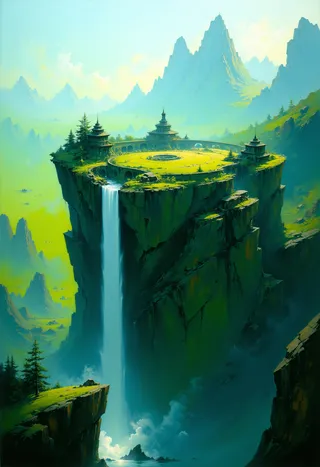 A fantasy landscape featuring a circular stone castle atop a towering cliff with a cascading waterfall surrounded by lush greenery and distant mountains.