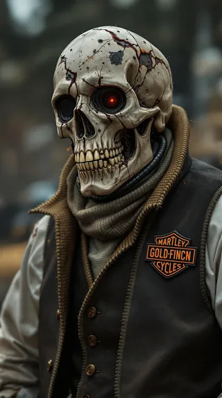 Detailed image of a futuristic cyborg skull with cracks and a glowing mechanical eye, wearing a buttoned tweed vest featuring a Goldfinch insignia patch.