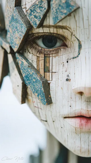 Close-up of a wooden mask featuring a detailed blue painted fragment and a realistic eye with fine wood textures and cracked paint