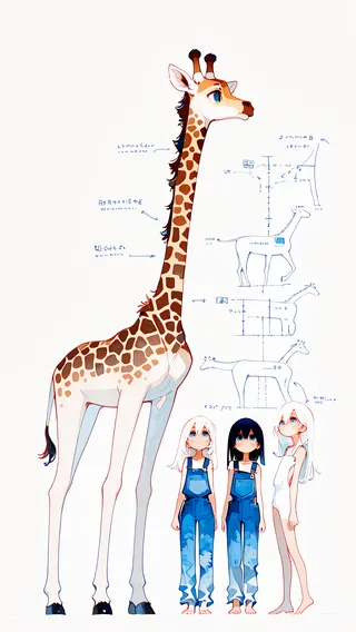 Illustration of a giraffe standing next to three girls displaying height differences, with the girls wearing blue overalls and one girl in a white outfit, accompanied by height measurement diagrams on a white background with watercolor effects.