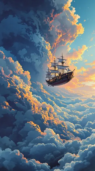 A detailed steampunk airship sailing amidst vast volcanic clouds, painted with a blend of classic romanticism landscape and comic book heavy ink outlines, featuring rich emotional skies and bold crisp paneling.