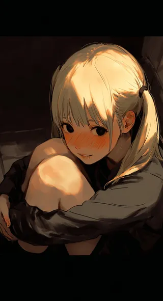 Cinematic digital illustration of a yandere girl with blonde twintails sitting hugging her legs, blushing deeply with black eyes, under warm lighting in a dark theme.