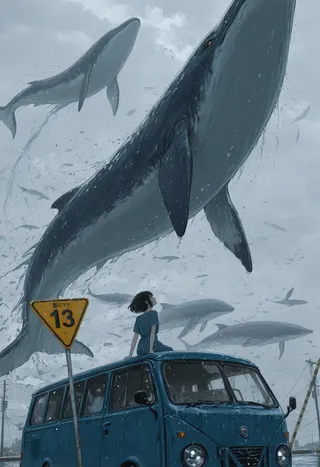 A girl with short black hair in a blue dress sits on the roof of a blue rusty van, looking up at huge whales floating under an overcast, foggy sky with a bent road sign nearby.