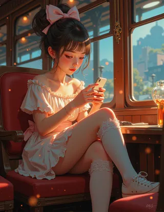 A girl with a pink bow in her hair wearing an off-shoulder pastel dress and lace knee-high socks sits on a vintage train with red velvet seats, glowing smartphone in hand.