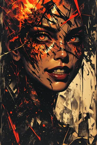 Close-up portrait of a sensual young woman with fiery eyes and a devilish smile, rendered in a gothic, dark style with fiery orange and black charcoal-like textures.