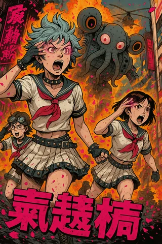 Tre ragazze psichiche punk rock in uniformi scolastiche con borchie cromate lanciano un attacco psichico tra esplosioni infuocate e petali di sakura in una Shibuya futuristica, affrontando mecha gigante calamaro-carro.
