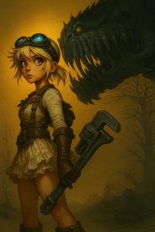 Post-apocalyptic dieselpunk heroine with short blonde hair and aviator goggles holds a large wrench, standing defiantly with a massive skeletal biomechanical dragon looming behind her under golden twilight.