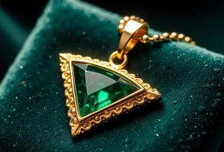 Close-up of a triangular emerald amulet with a gold ornate frame on a deep green velvet cushion, showcasing its intricate design and rich colors.