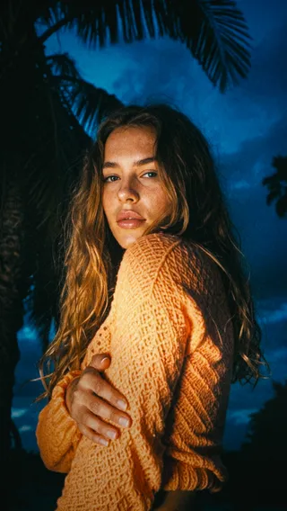 Sensual young woman in a long sleeve orange sweater posing outdoors at night with silhouetted palm trees and dramatic lighting.