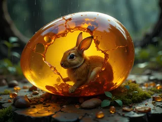 Close-up of a hollow amber egg with a cracked shell, sheltering a detailed bunny inside, surrounded by rain and glowing light.