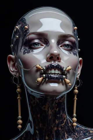 Highly detailed translucent portrait of a woman with intricate dark face paint, wooden and metal teeth ornament, piercing eyes, and smooth reflective skin on dark background.