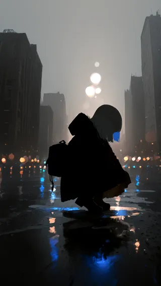 Silhouette of a girl with blue-highlighted hair squatting by a puddle on a wet city street with blurred cityscape and bokeh lights in the background at night.
