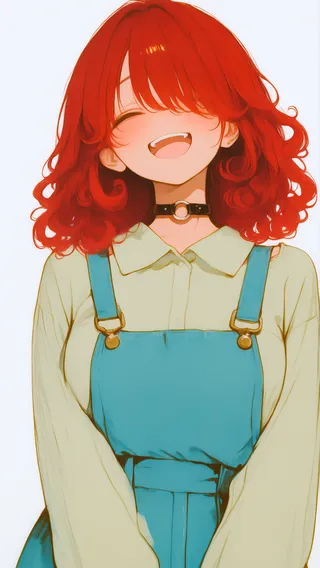 A cheerful girl with bright red curly medium-length hair covering one eye, wearing a black o-ring collar, a beige collared shirt, and a blue overall skirt against a white background.