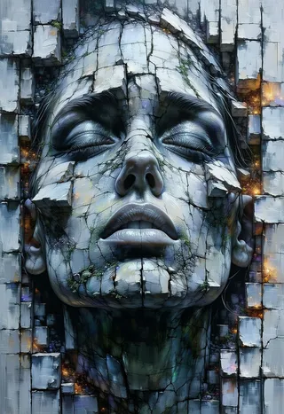 Realistic 3D face model made of fragmented stone blocks with closed eyes, showing a crumbling effect and detailed grungy texture.