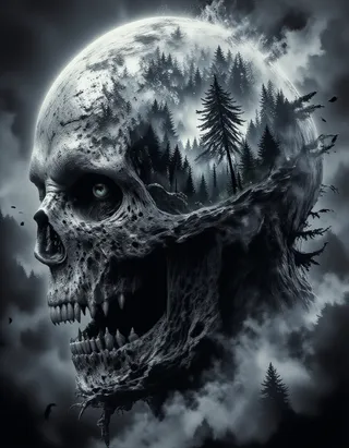 Grayscale detailed skull portrait in profile with a misty, dense evergreen forest scene within the skull's hollow, enveloped by fog and soft lighting.